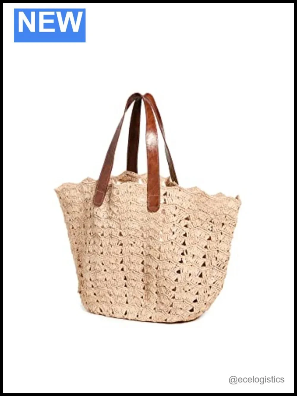 Woven Raffia Tote Bag with Leather Trim - Beach Summer